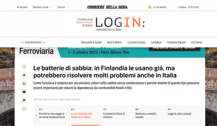 LogIn Corriere della sera: Le batterie di sabbia: in Finlandia le usano  già, ma potrebbero risolvere molti problemi anche in Italia